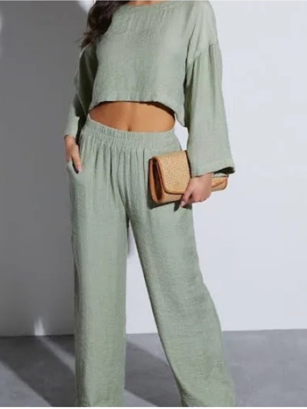 Listicle Sage Green Lounge Set -Cropped Top and Pants Perfect for Travel!